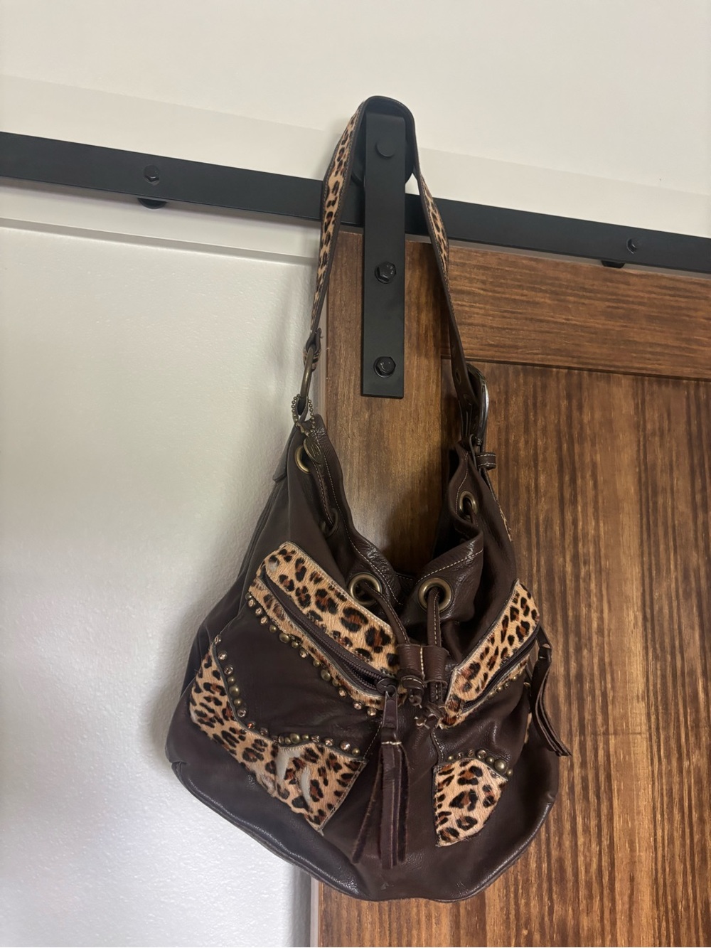 Leather Rock Brown Leopard Accent Shoulder Bag - Women's Fashion Handbag